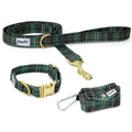 Kit de balade pour chien Nessie. Comprend une laisse, un collier taille petit , et une pochette pour sacs à crottes.
Le tout avec un motif carreaux tartan vert écossais. 