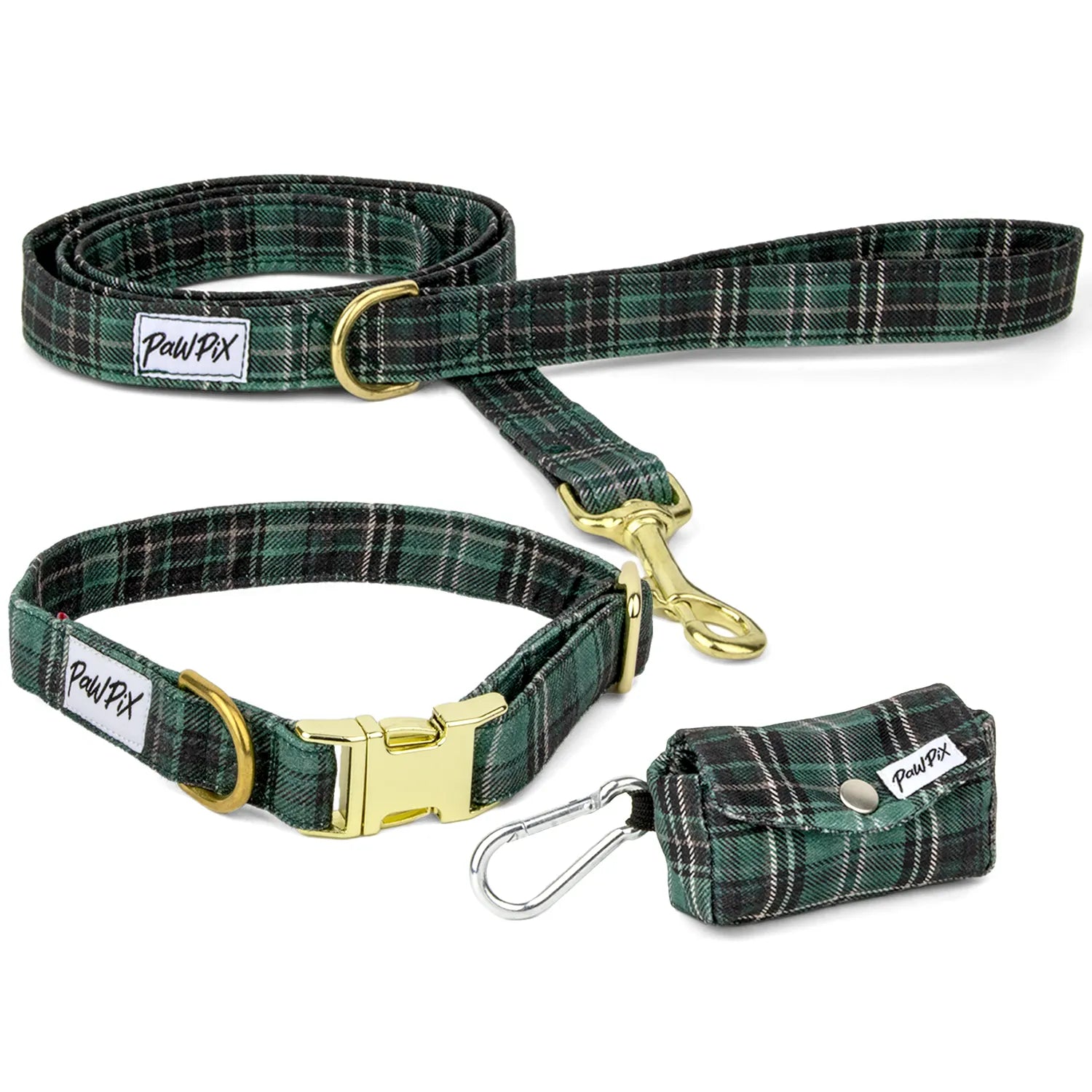 Kit de balade pour chien Nessie. Comprend une laisse, un collier taille moyen , et une pochette pour sac à crottes.
Le tout avec un motif rayé tartan vert écossais. 
