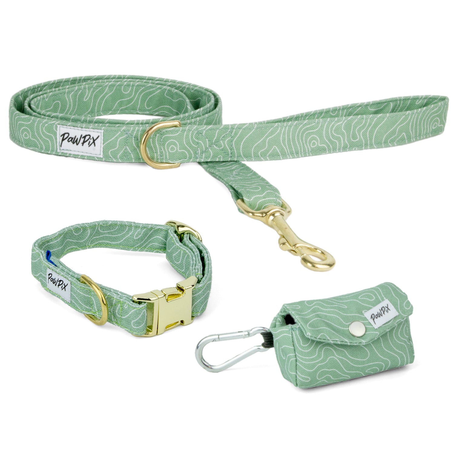 Kit de balade Topo pour chien mini. Composé d'une laisse, un collier taille mini et d'une pochette sac à crottes. Le motif Topo reprend le design géométrique abstrait des cartes de montagnes, avec des lignes blanches sur un fond vert