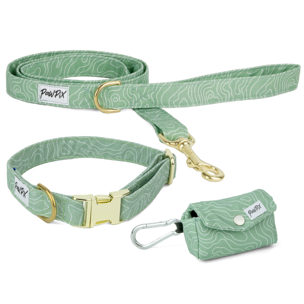 Kit de balade Topo pour chien moyen. Composé d'une laisse, un collier taille moyen et d'une pochette sac à crottes. Le motif Topo reprend le design géométrique abstrait des cartes de montagnes, avec des lignes blanches sur un fond vert