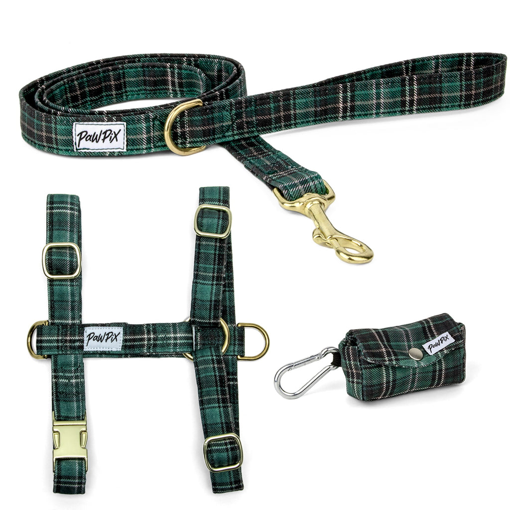 Kit pour chien comprenant un assortiement d'un harnais en H, une laisse d'1m20 et une pochette sacs à crottes. Le tout au motif Nessie, rayures tartan vert. 