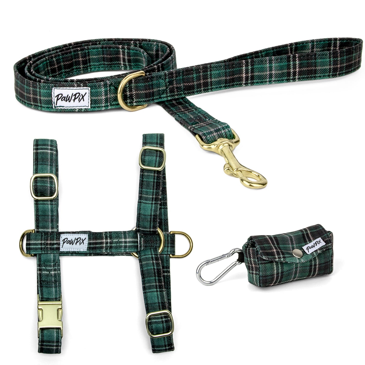 Kit pour chien comprenant un assortiement d'un harnais en H, une laisse d'1m20 et une pochette sacs à crottes. Le tout au motif Nessie, rayures tartan vert. 
