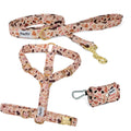 Kit pour chien comprenant un harnais en Y, une laisse et une pochette sacs à crottes. Le tout au motif marbré terrazzo au ton marron/rose. 