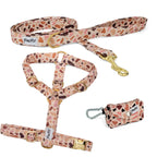 Kit pour chien comprenant un harnais en Y, une laisse et une pochette sacs à crottes. Le tout au motif marbré terrazzo au ton marron/rose. 