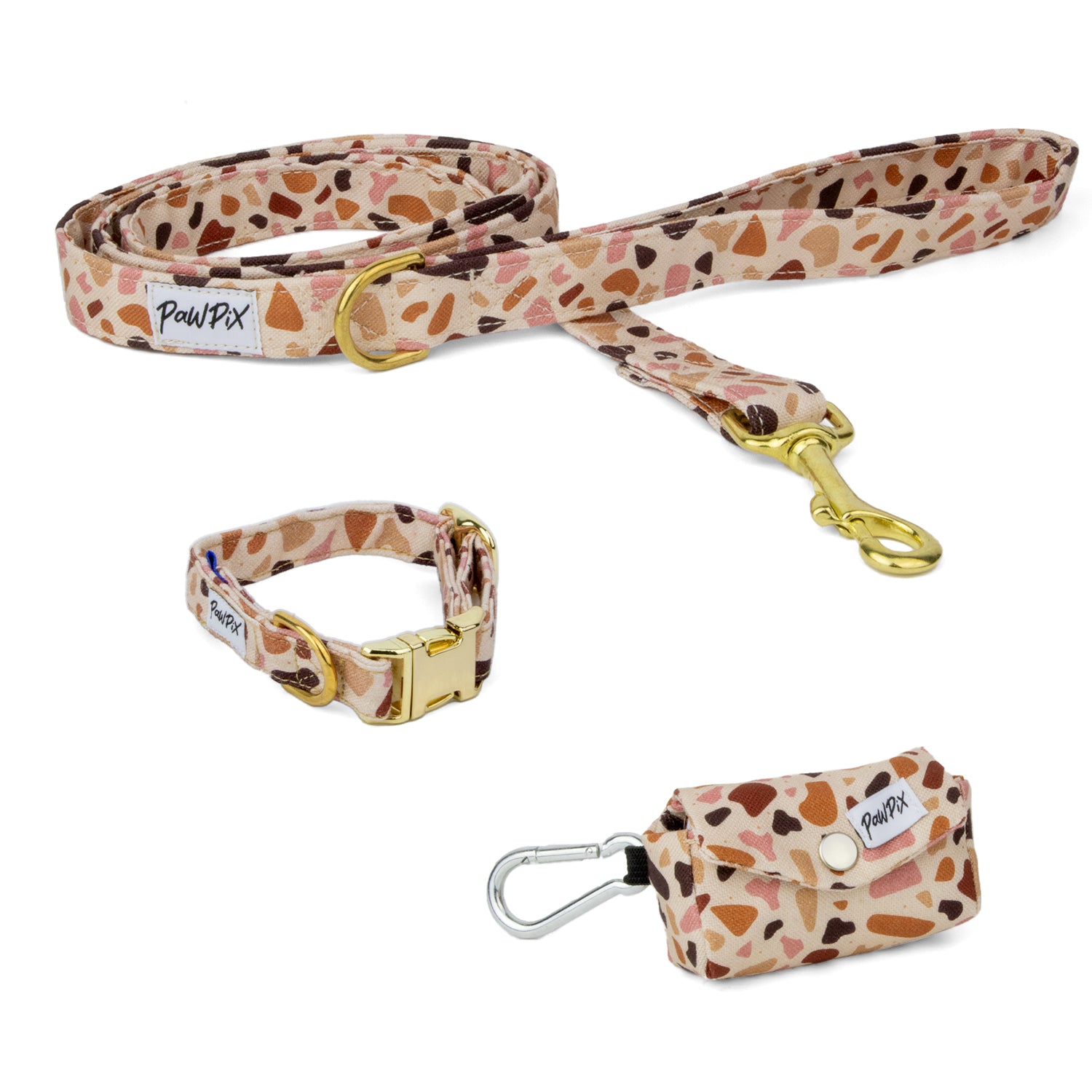 Kit balade collier pawpino motif Italien terrazzo. Le kit comporte une laisse d'1m20, un collier et une pochette sac à crottes