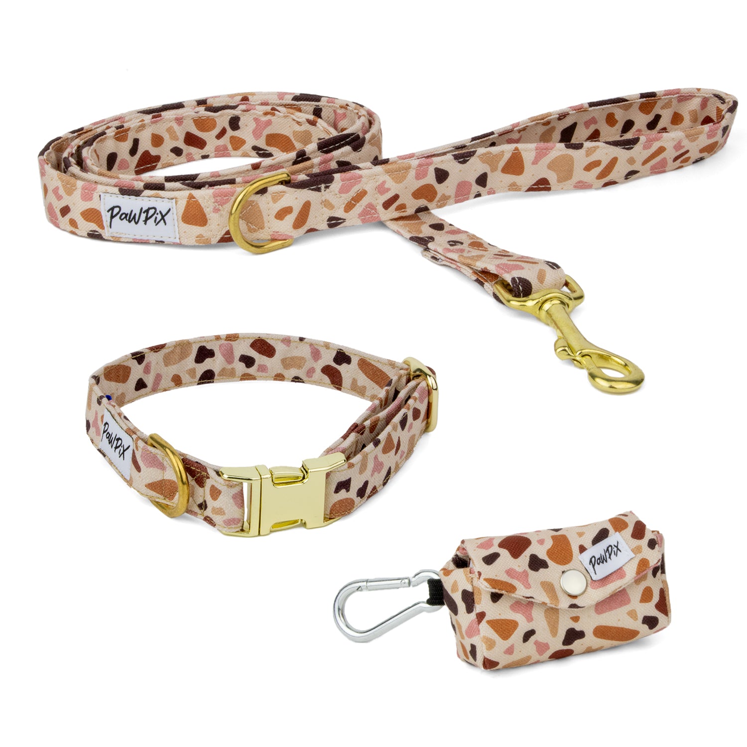 Kit balade collier pour chien pawpino au motif marbré terrazzo. Le kit comporte une laisse d'1m20, un collier et une pochette sac à crottes assortis