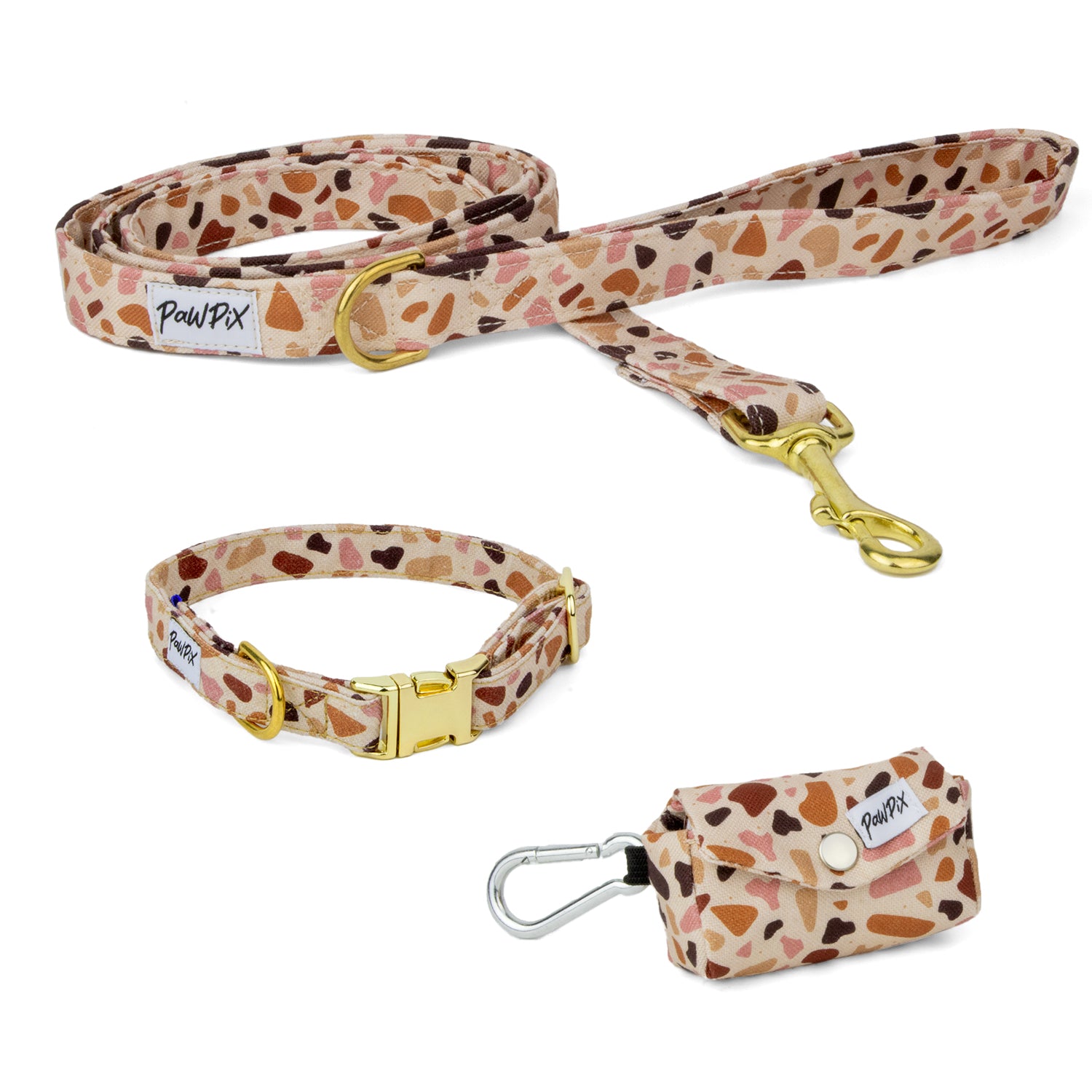 Kit balade collier pawpino motif pailleté terrazzo. Le kit comporte une laisse d'1m20, un collier et une pochette sac à crottes assortis