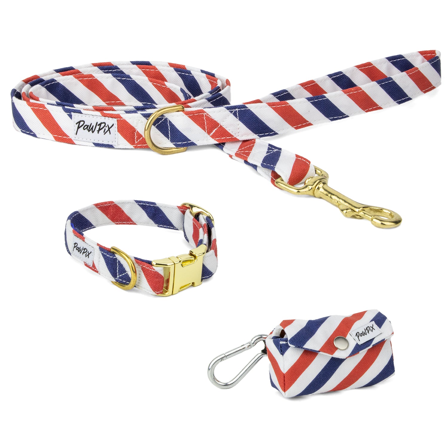 Kit de balade pour chien Pawtriote. Comprend une laisse, un collier taille mini, et une pochette pour sac à crottes.
Le tout avec un motif rayures tricolores bleu blanc rouge