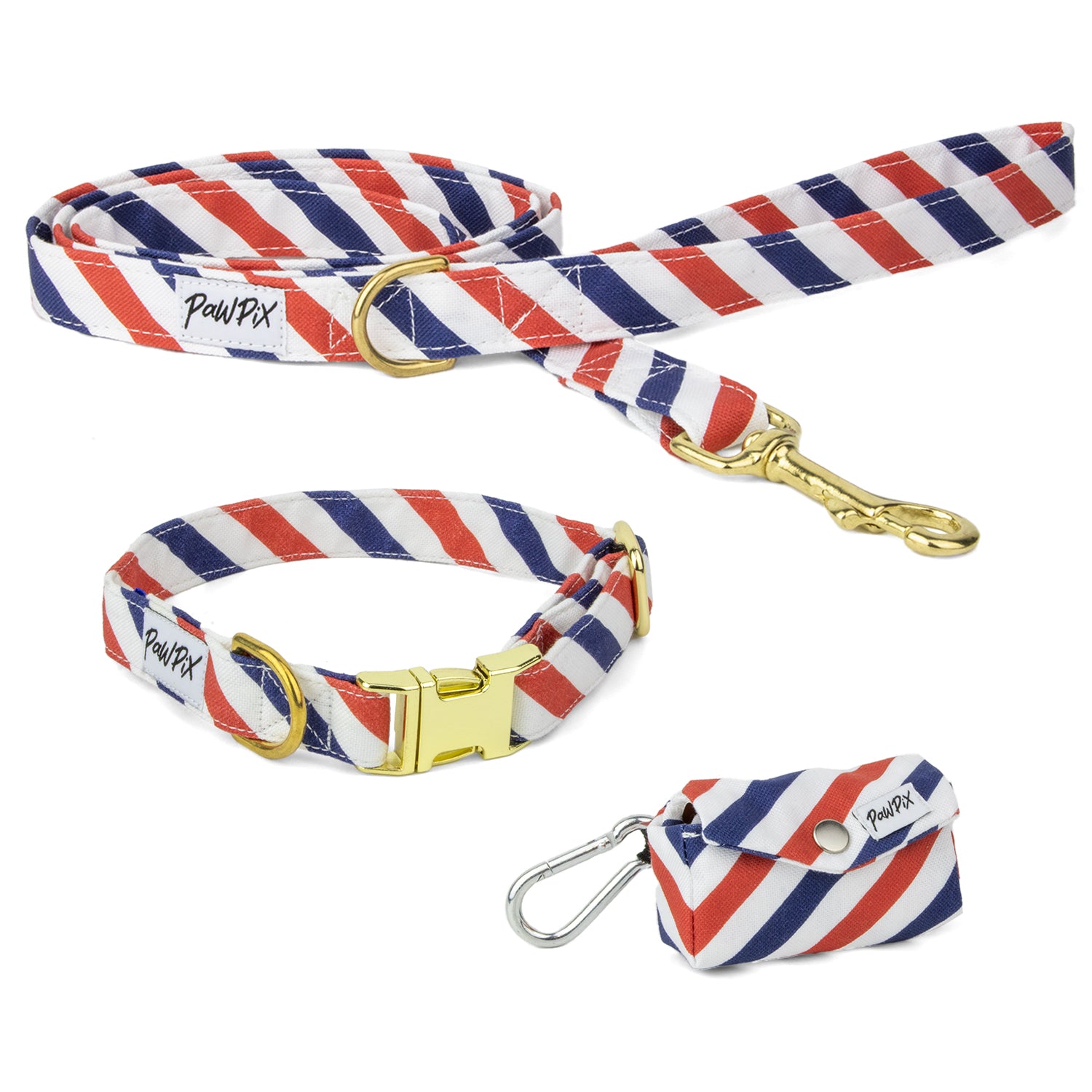 Kit de balade pour chien Pawtriote. Comprend une laisse, un collier taille moyen , et une pochette pour sac à crottes.
Le tout avec un motif rayures tricolore bleu blanc rouge