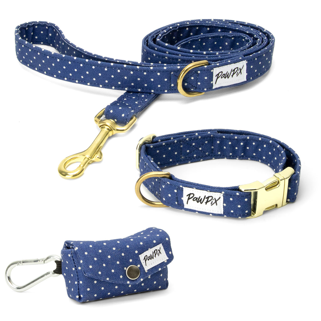 Kit collier Polaris de Pawpix. Le kit comprend une laisse, un collier et une pochette sac à crottes. Design bleu marine avec des poids blancs