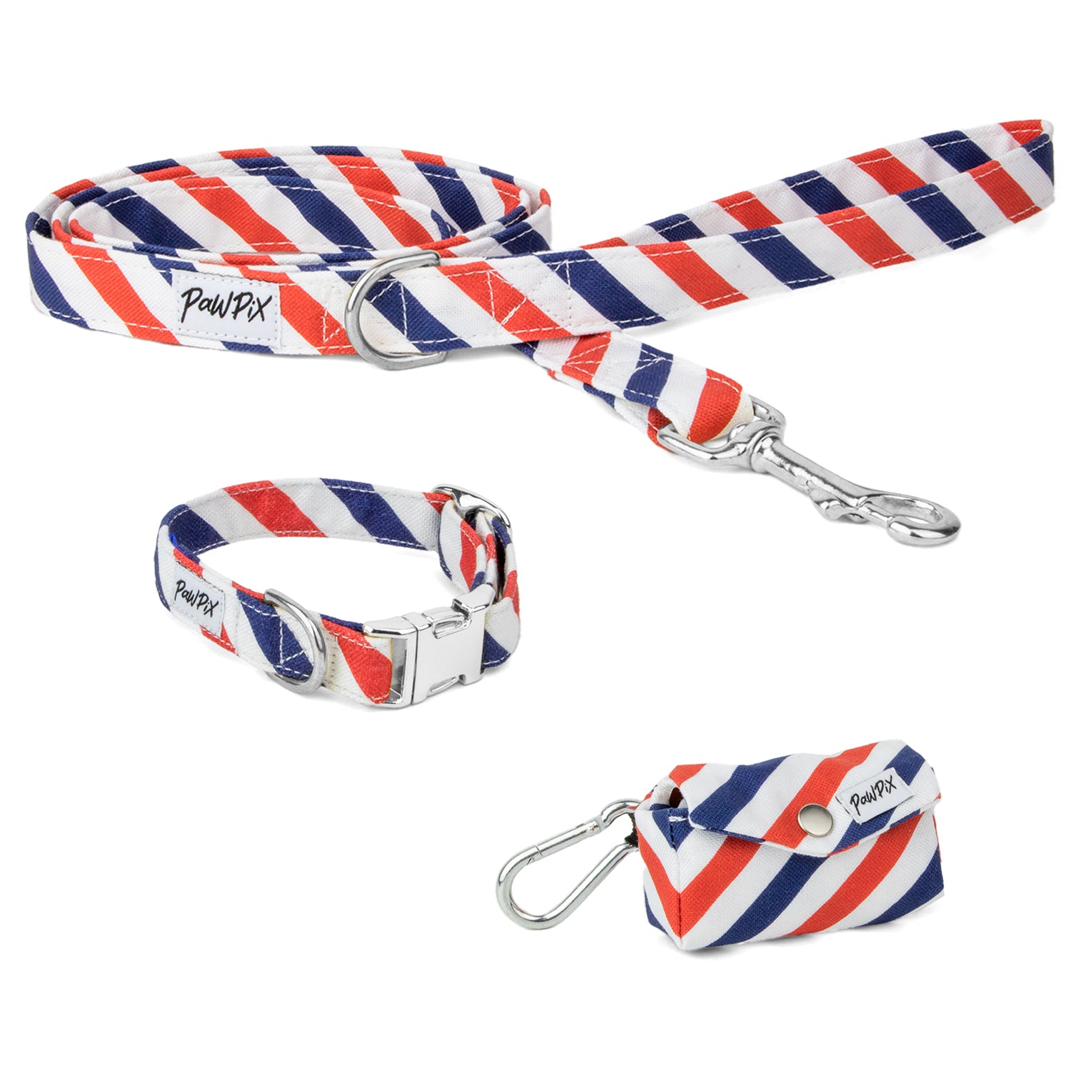 Kit de balade pour chien Pawtriote. Comprend une laisse, un collier taille mini, et une pochette pour sac à crottes.
Le tout avec un motif rayures tricolores bleu blanc rouge. Les boucles sont argentés