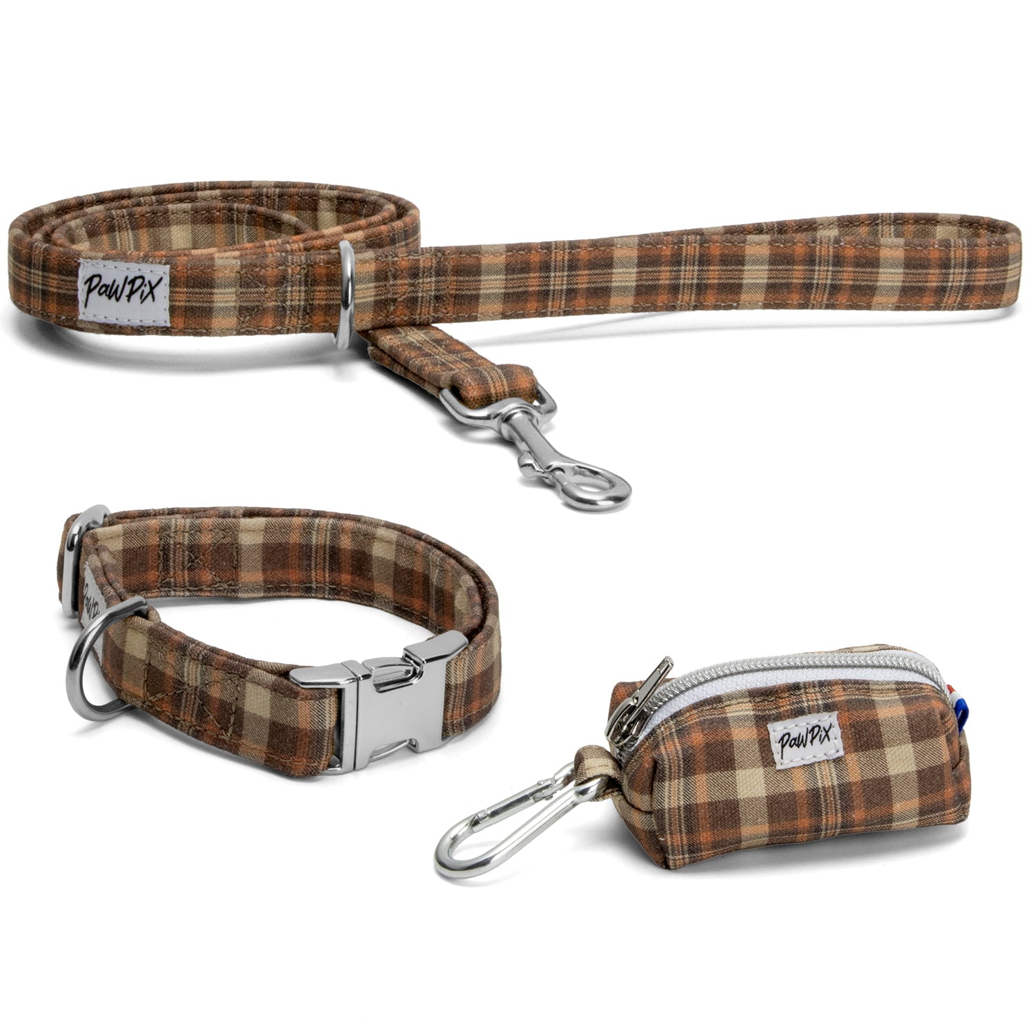 Ensemble collier pour chien, laisse et pochette sacs à crottes assortie au motif tartan marron, orange ambiance automnale. Les boucles de la laisse et du collier sont couleur argent