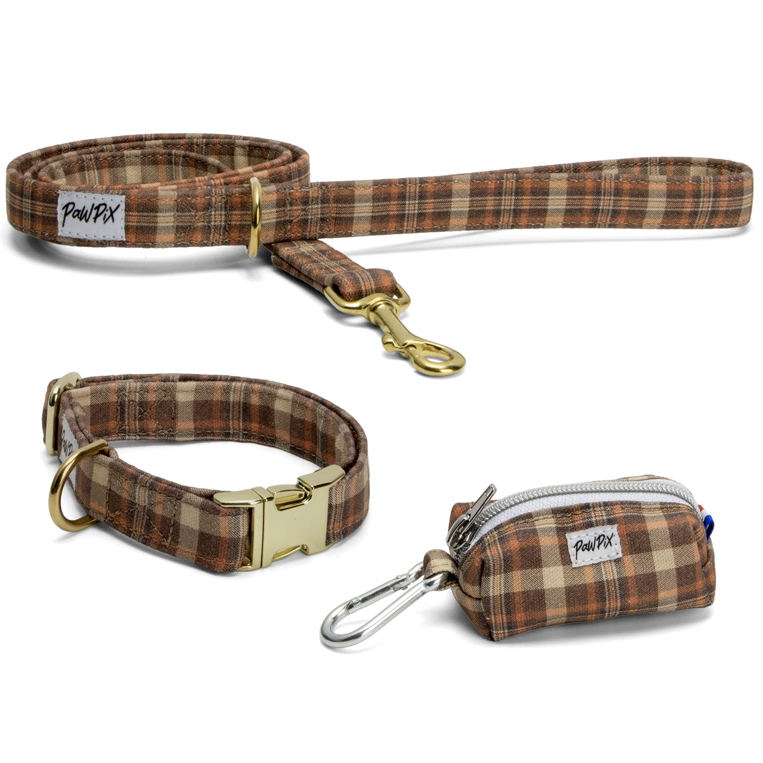 Ensemble collier pour chien, laisse et pochette sacs à crottes assortie au motif tartan marron, orange ambiance automnale. Les boucles de la laisse et du collier sont couleur or