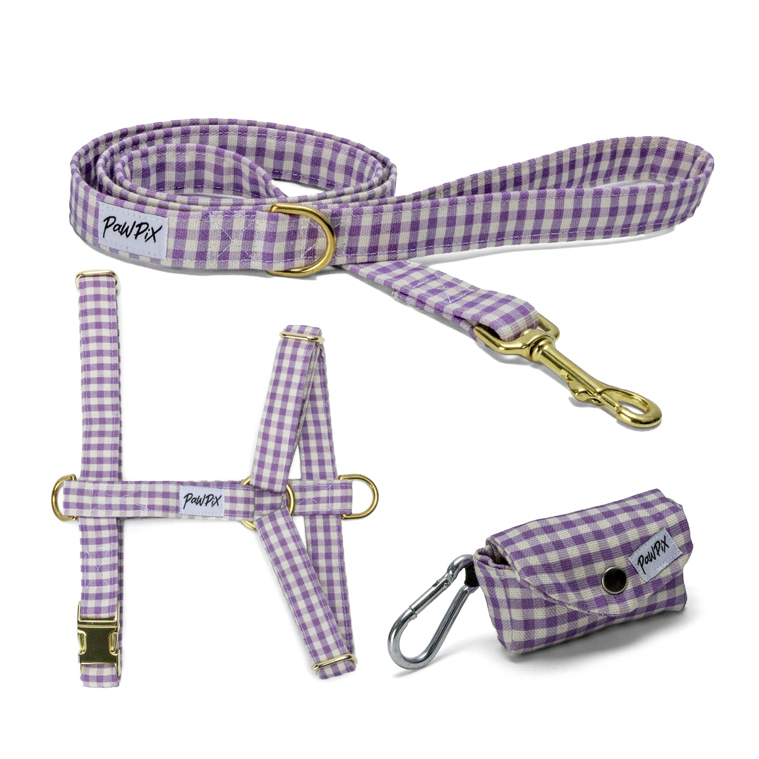 Kit harnais pour chien Cigalou. Le kit comprend un harnais, une laisse et une pochette sacs à crottes pour chien, le tout Motif vichy violet clair