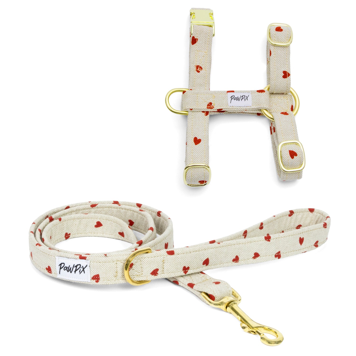 Kit harnais pour chat My Valentine. Le kit comprend une laisse d'1m20 de longueur et un harnais en H disponible en 2 tailles différentes pour chat et grand chat. 
Le design My Valentine présente des petits coeurs rouges sur un fond beige. 