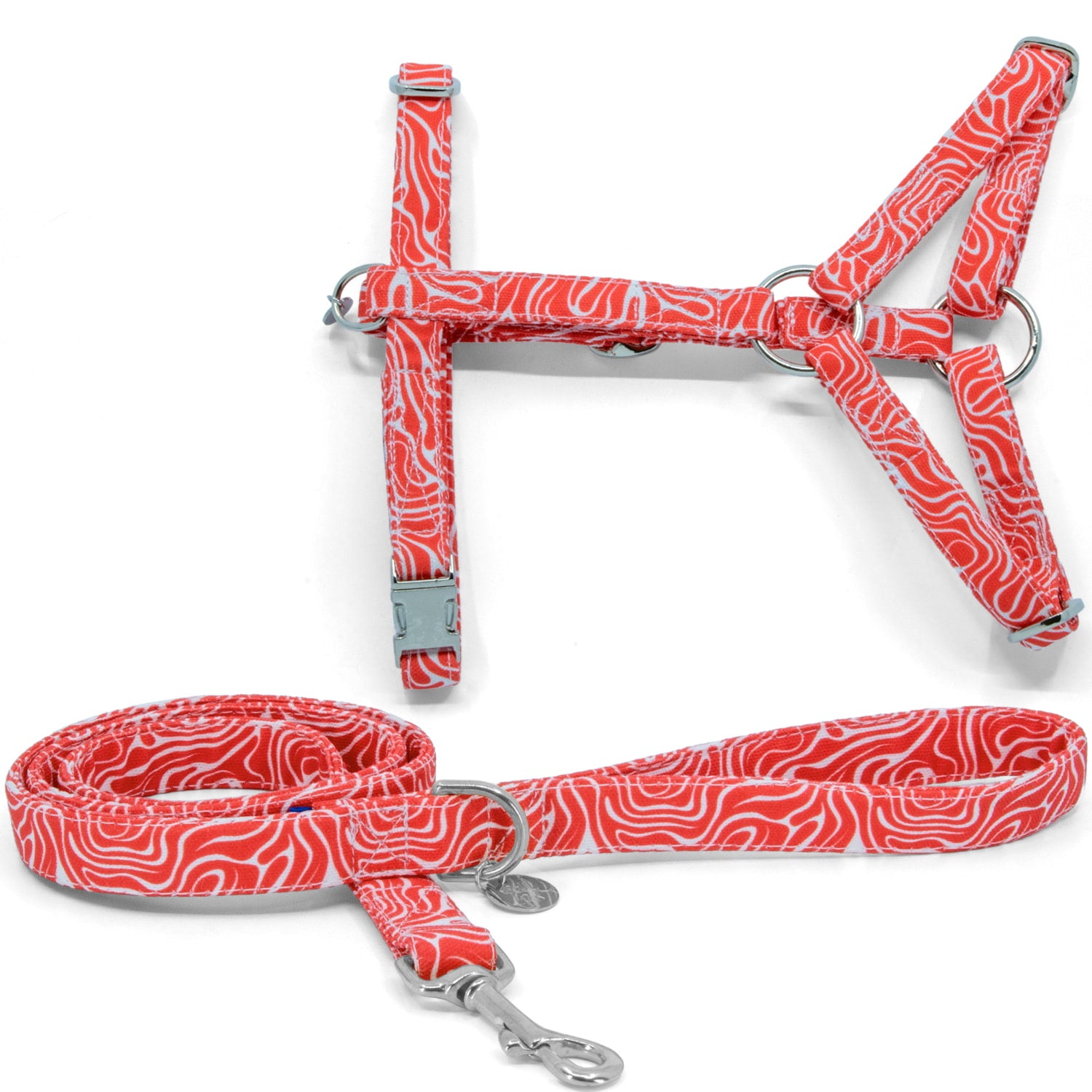 Vue d'ensemble du kit harnais pour chat Cherry de Pawpix. Le kit compte une laisse ainsi qu'un harnais en Y pour chat, motif rouge et blanc wavy avec des boucles couleur argent