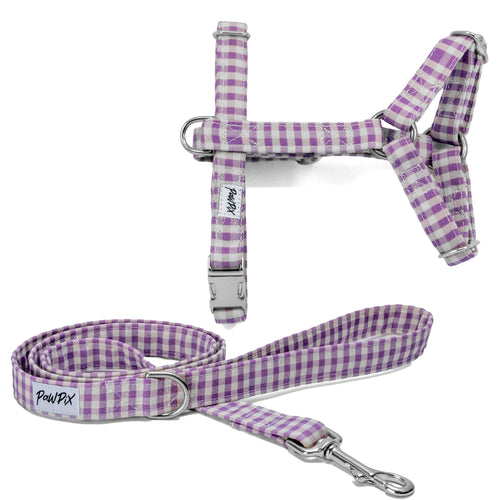Kit harnais pour chat Cigalou. Le kit comprend une laisse d'1m20 de longueur et un harnais en H disponible en 2 tailles différentes pour chat et grand chat. 
Le design Cigalou est un motif vichy couleur lavande ou violet clair