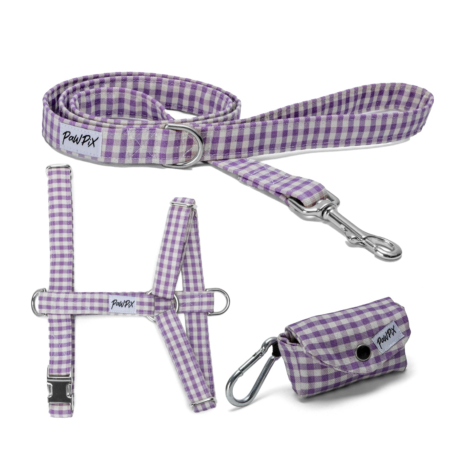 Kit harnais pour chien Cigalou. Le kit comprend un harnais, une laisse et une pochette sacs à crottes pour chien, le tout Motif vichy violet clair avec des boucles argentés