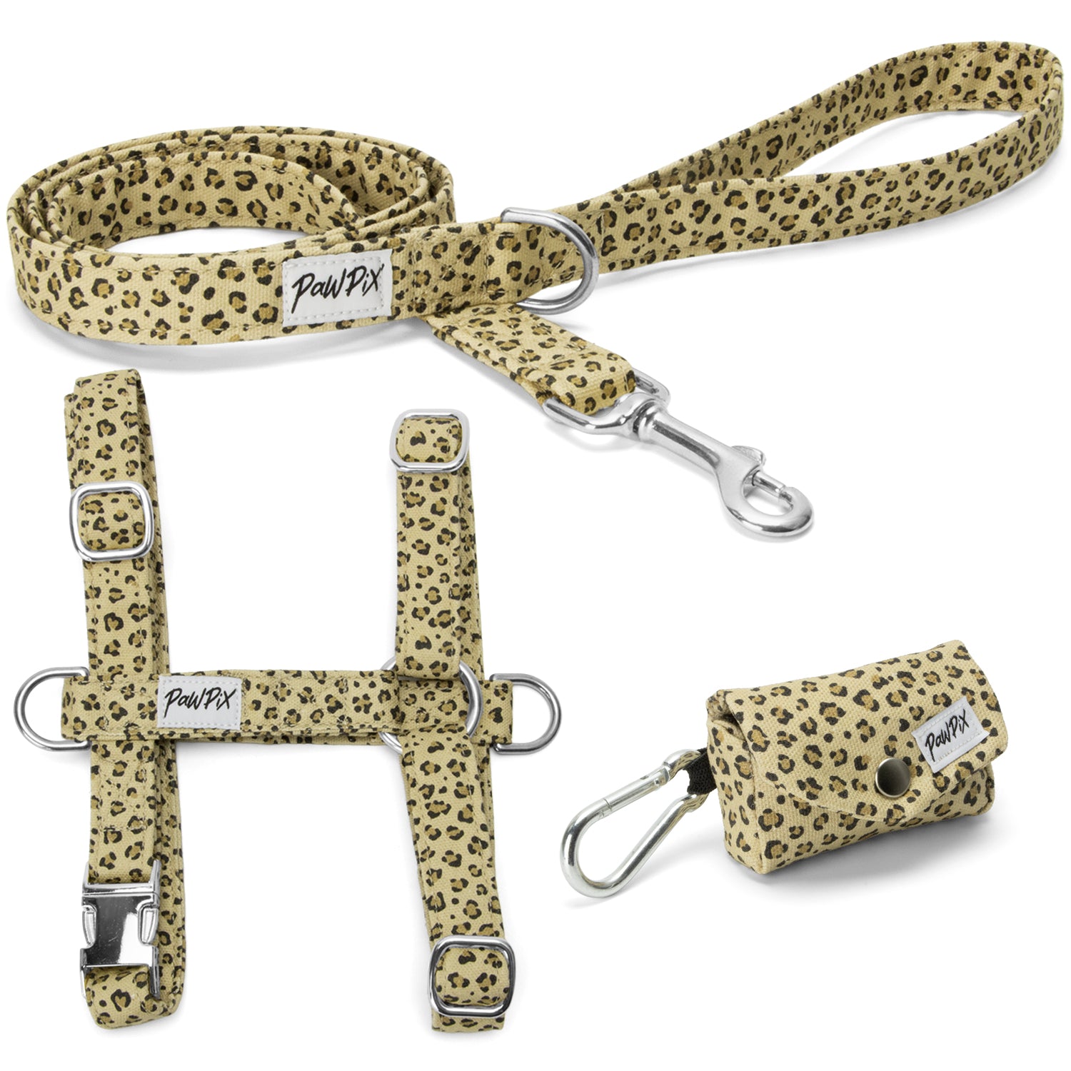 Le kit harnais pour chien léopaw propose une laisse 1m20, un harnais en H avec une boucle anti-traction argenté ainsi qu'une pochette sacs à crottes assortis dans un motif Léopard. 
