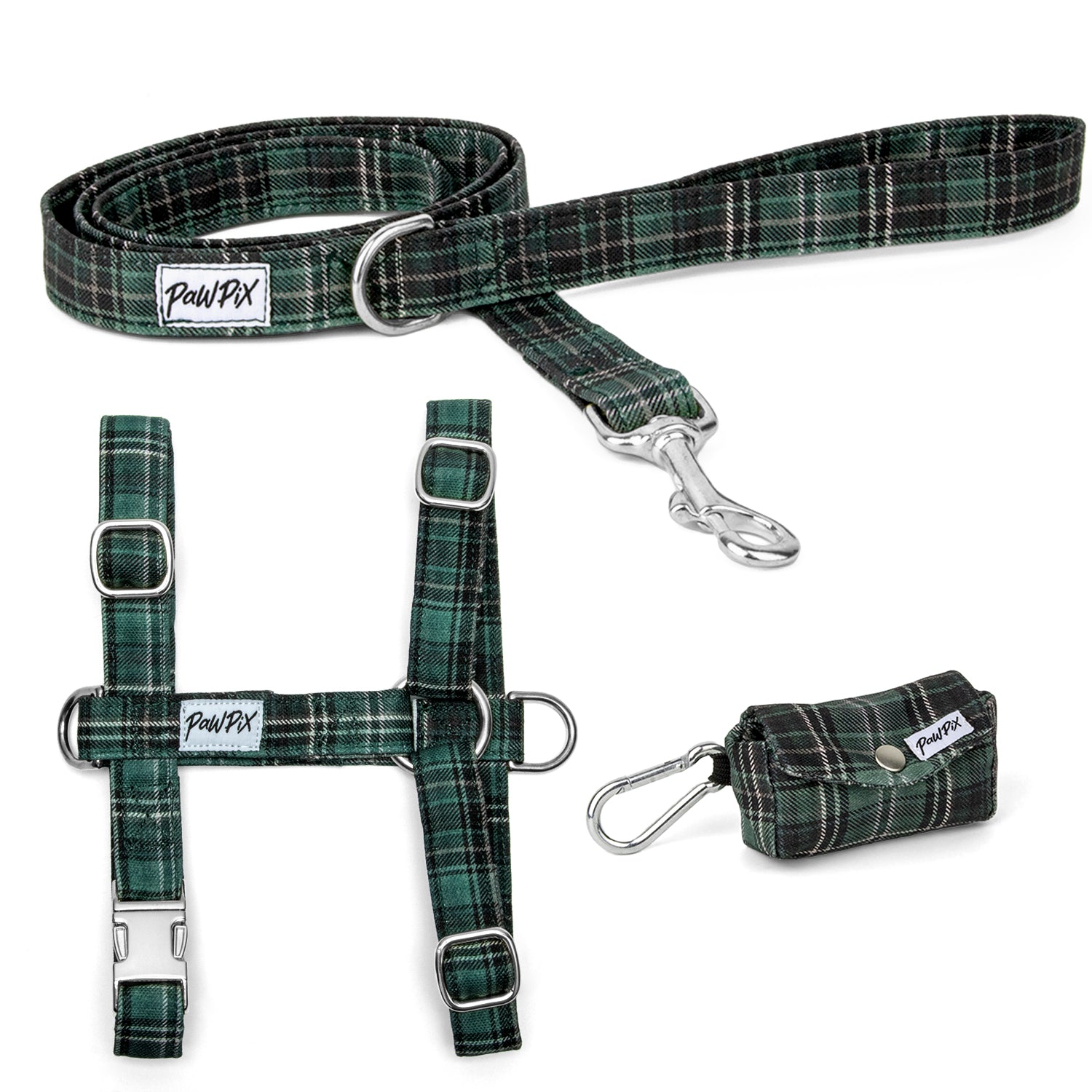 Kit pour chien comprenant un assortiement d'un harnais en H, une laisse d'1m20 et une pochette sacs à crottes. Le tout au motif Nessie, rayures tartan vert avec des boucles argentés