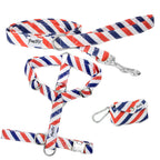 Kit pour chien comprenant un harnais en Y, une laisse et une pochette sacs à crottes. Le tout au motif rayé bleu blanc rouge. Les boucles sont couleur argent