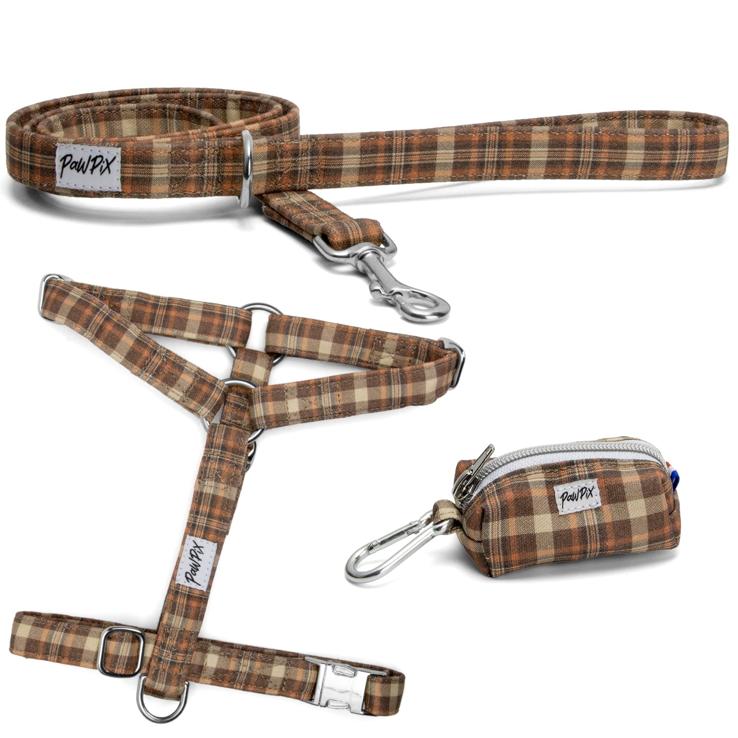 Ensemble harnais pour chien, laisse et pochette sacs à crottes assortie au motif tartan marron, orange ambiance automnale. Les boucles de la laisse et du harnais en Y sont couleur argent