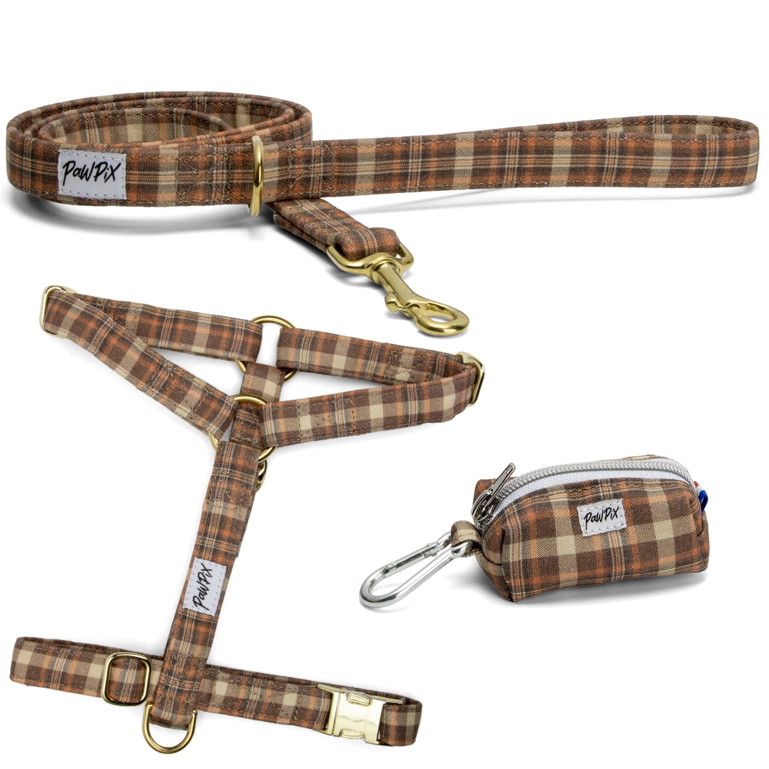Ensemble harnais pour chien, laisse et pochette sacs à crottes assortie au motif tartan marron, orange ambiance automnale. Les boucles de la laisse et du harnais en Y sont couleur or