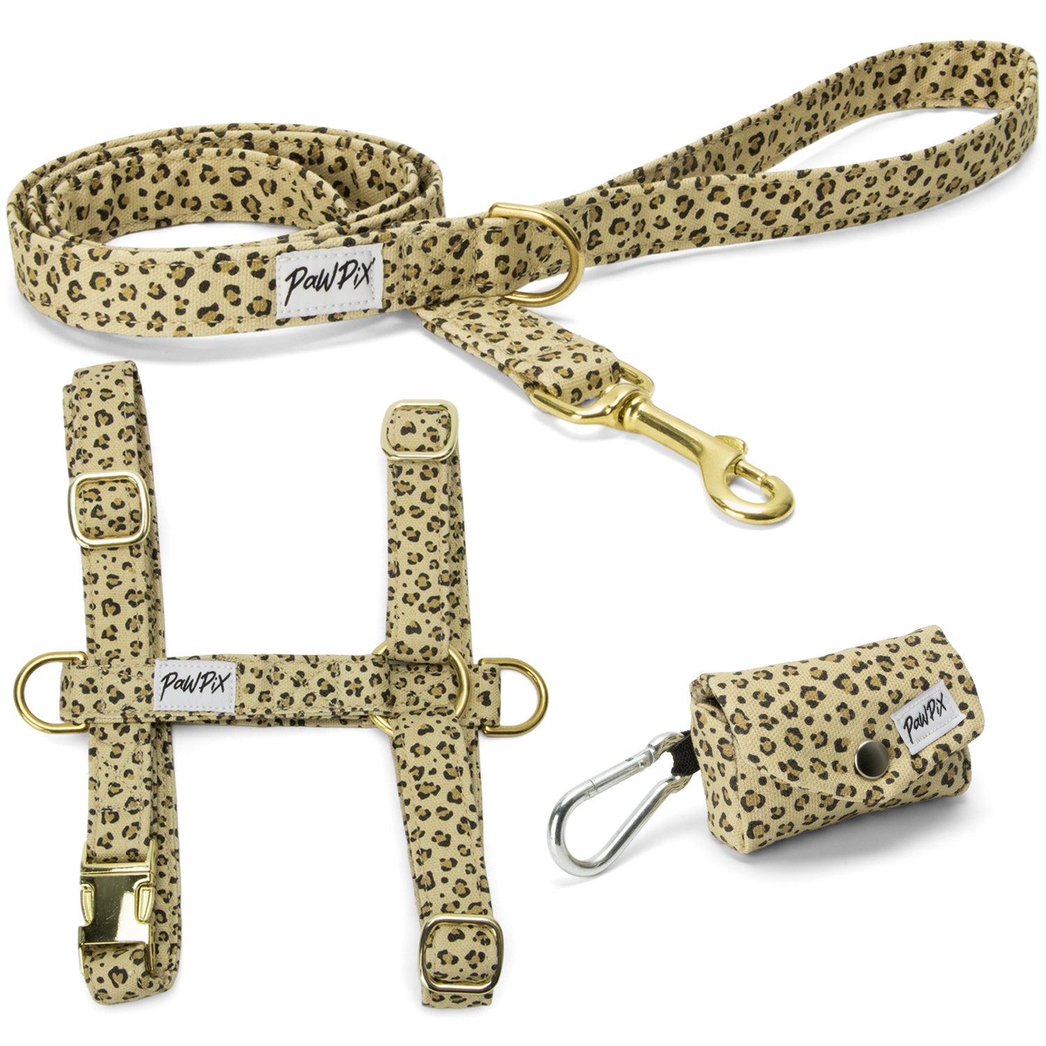 Le kit harnais pour chien léopaw propose une laisse 1m20, un harnais en H avec une boucle anti-traction ainsi qu'une pochette sacs à crottes assortis dans un motif Léopard