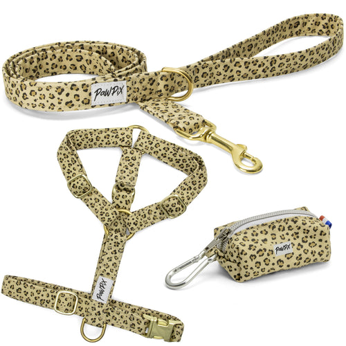 Le kit harnais pour chien léopaw propose une laisse, un harnais en Y 
avec des boucles couleur or ainsi qu'une pochette sacs à crottes assortis dans un motif Léopard