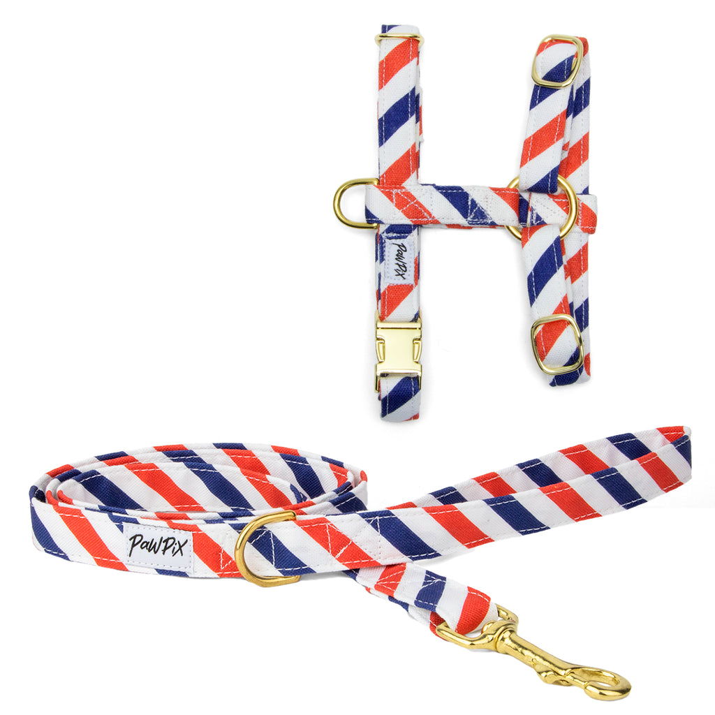 Kit harnais pour chat Pawtriote. Le kit comprend une laisse d'1m20 de longueur et un harnais en H disponible en 2 tailles différentes pour chat et grand chat. 
Le design Pawtriote représente des rayures légèrement inclinées bleu blanc rouge