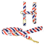 Kit harnais pour chat Pawtriote. Le kit comprend une laisse d'1m20 de longueur et un harnais en H disponible en 2 tailles différentes pour chat et grand chat. 
Le design Pawtriote représente des rayures légèrement inclinées bleu blanc rouge