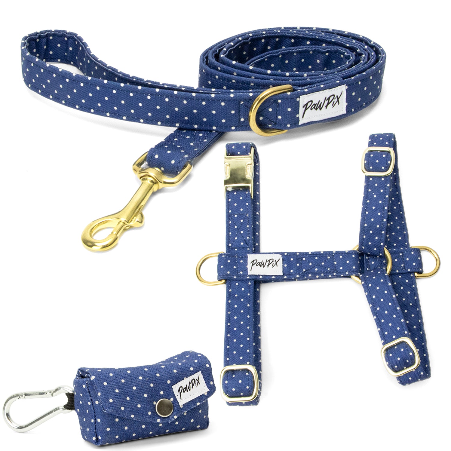 Kit harnais polaris comprenant une laisse, un harnais et une pochette sac à crottes couleur bleu marine avec des pois blancs