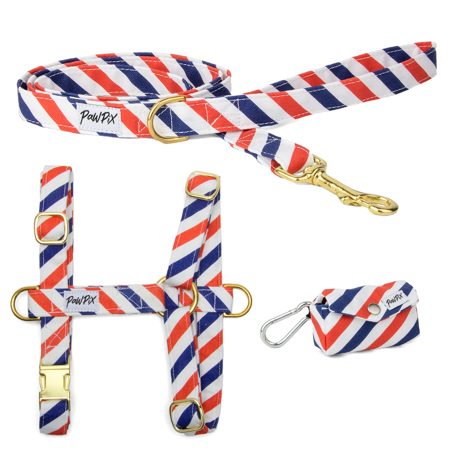 Kit pour chien comprenant un harnais en H, une laisse d'1m20 et une pochette sacs à crottes. Le tout au motif Pawtriote, rayé bleu blanc rouge. 
