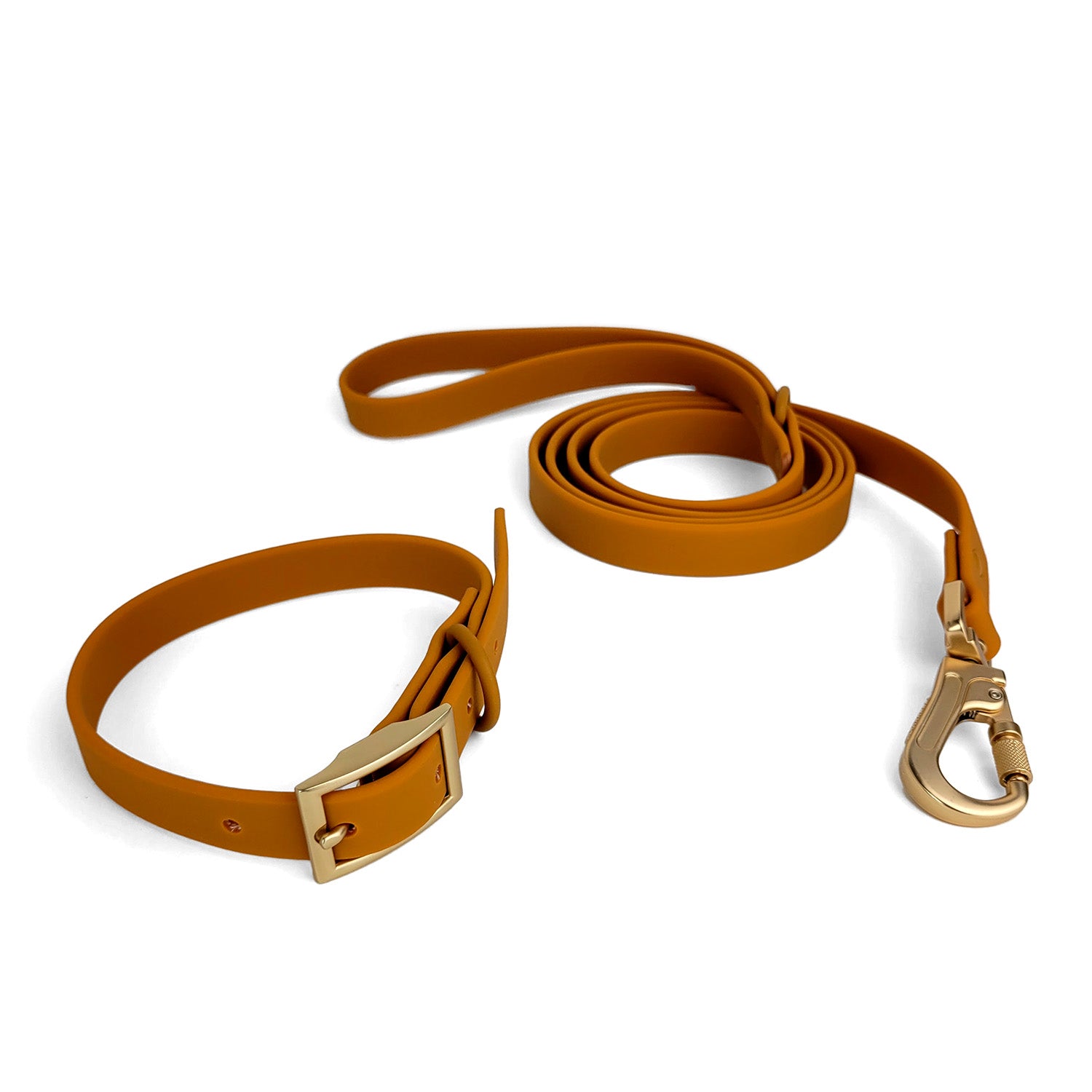Kit de balade laisse et collier en Biothane Pumpkin de PawPix. Couleur orange/marron. La boucle de réglage et le mousqueton sont en doré mat.