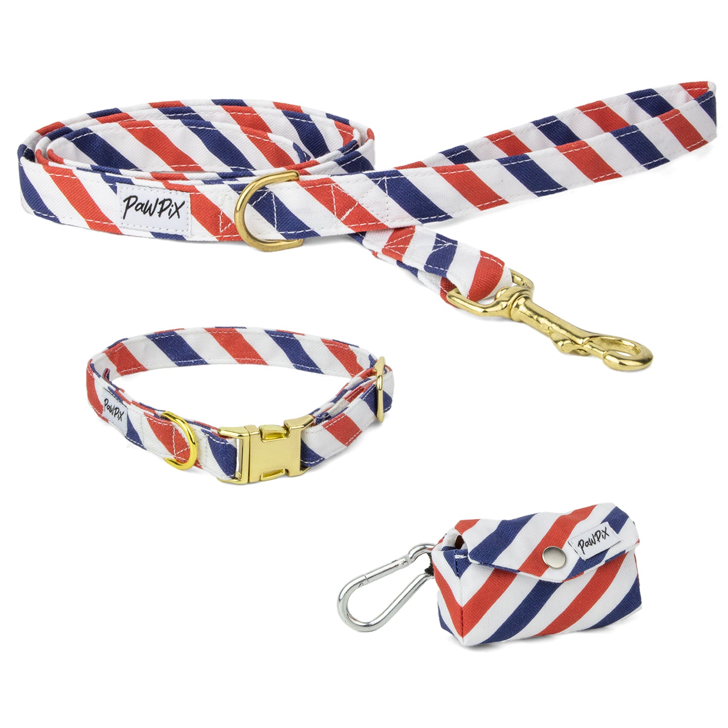 Kit de balade Pawtriote. Laisse, collier taille petit et pochette pour sac à crotte. 
Le tout avec un motif rayures tricolore bleu blanc rouge