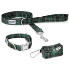 Kit de balade pour chien Nessie. Comprend une laisse, un collier taille petit , et une pochette pour sacs à crottes.
Le tout avec un motif carreaux tartan vert écossais et des boucles argentés