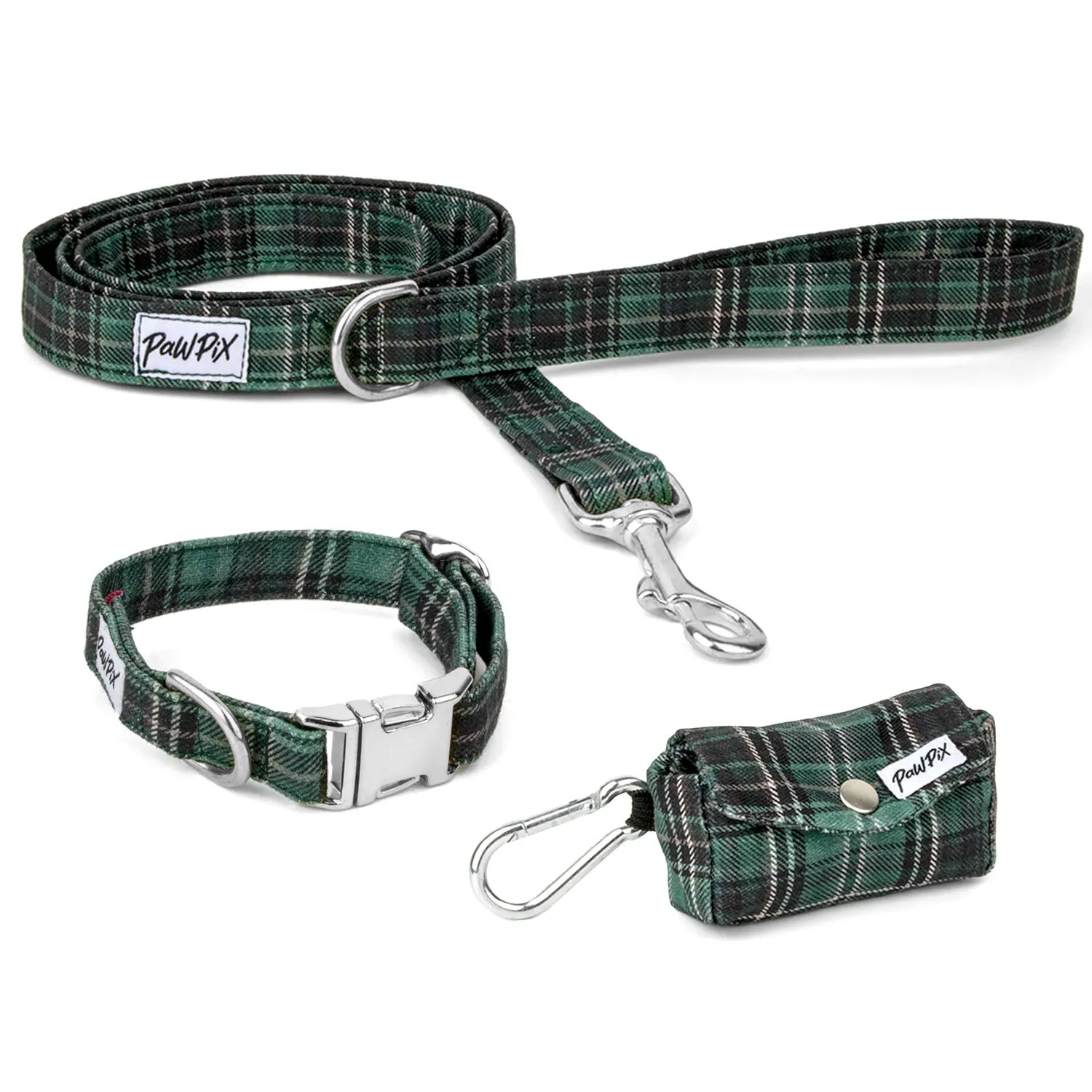Kit de balade pour chien Nessie. Comprend une laisse, un collier taille petit , et une pochette pour sacs à crottes.
Le tout avec un motif carreaux tartan vert écossais et des boucles argentés