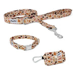 Kit balade collier chien pawpino au motif marbré terrazzo. Le kit comporte une laisse d'1m20, un collier et une pochette sac à crottes assortis et des boucles couleur argentés