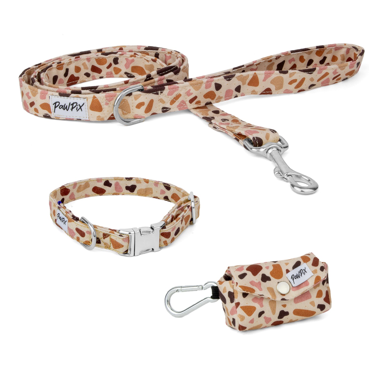 Kit balade collier chien pawpino au motif marbré terrazzo. Le kit comporte une laisse d'1m20, un collier et une pochette sac à crottes assortis et des boucles couleur argentés
