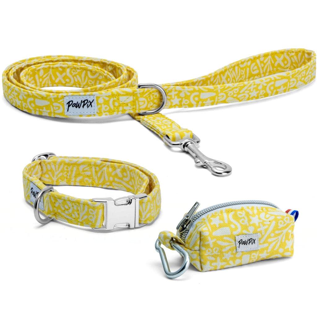 Kit collier pour chien Peachy Daisies et ses boucles couleur argent. Le kit propose un collier (disponible en 4 tailles différentes), une laisse d'1m20 et une pochette sacs à crottes assortie au motif marin abstrait blanc sur fond jaune solaire. 