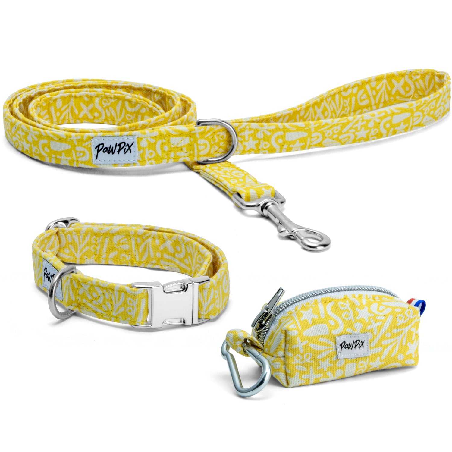 Kit collier pour chien Peachy Daisies et ses boucles couleur argent. Le kit propose un collier (disponible en 4 tailles différentes), une laisse d'1m20 et une pochette sacs à crottes assortie au motif marin abstrait blanc sur fond jaune solaire. 