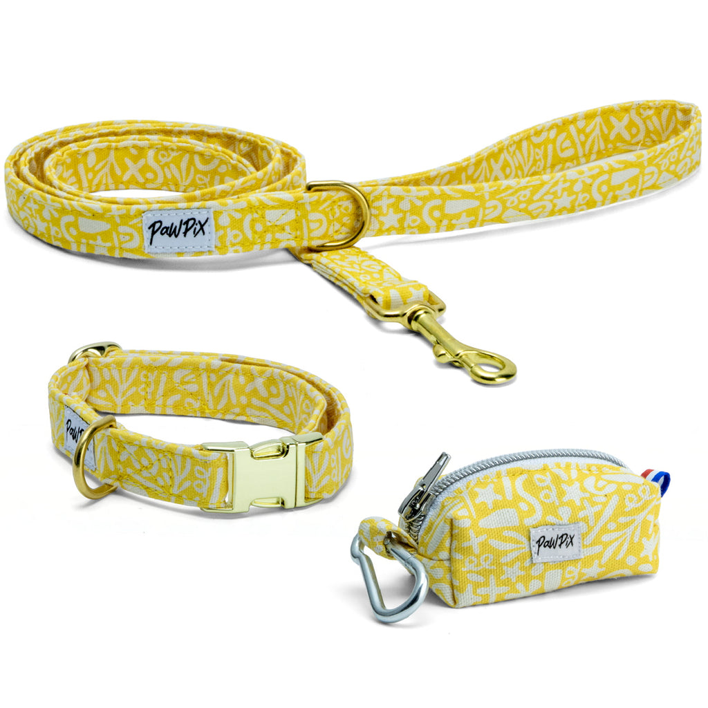 Kit collier pour chien Peachy Daisies et ses boucles couleur or. Le kit propose un collier (disponible en 4 tailles différentes), une laisse d'1m20 et une pochette sacs à crottes assortie au motif marin abstrait blanc sur fond jaune solaire. 