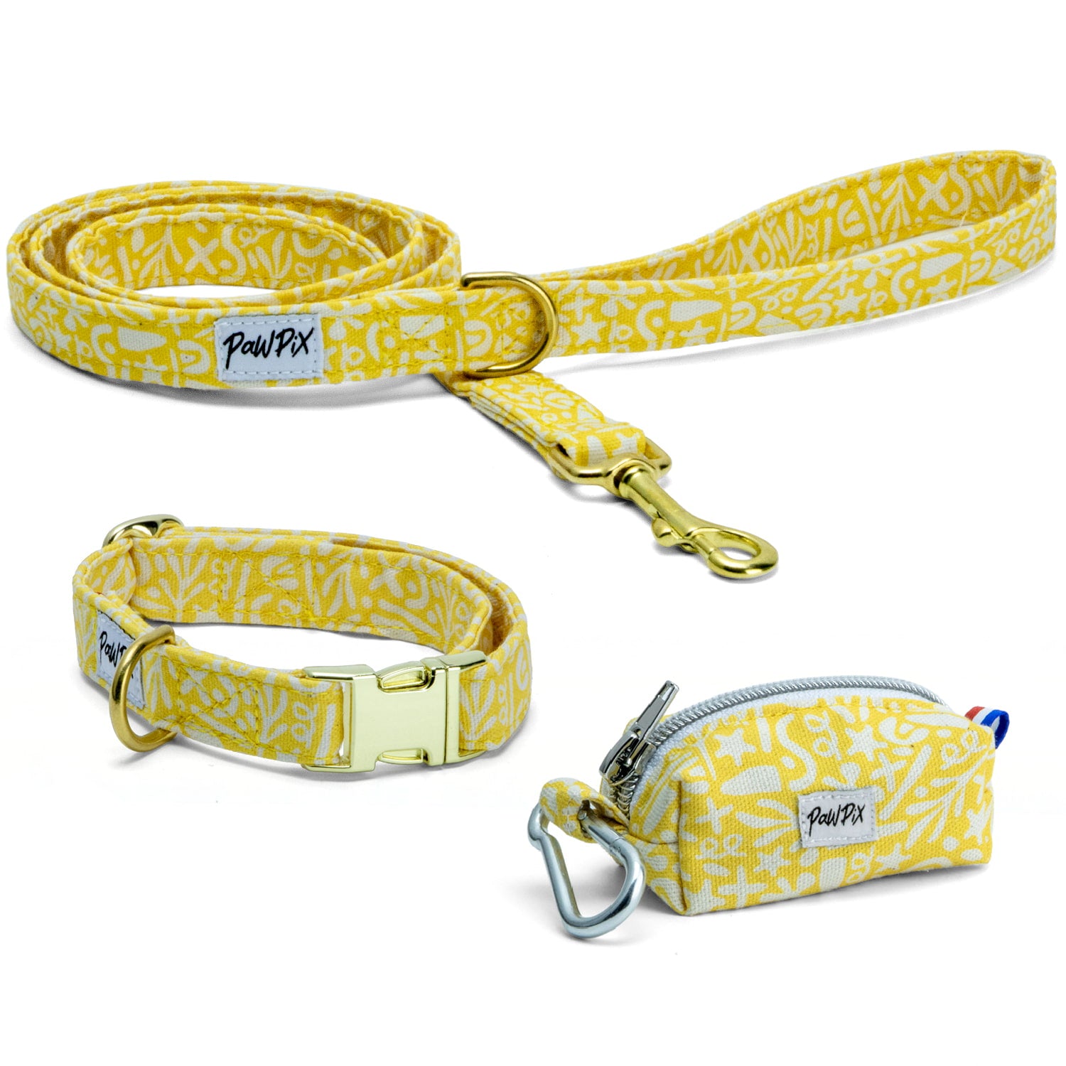 Kit collier pour chien Peachy Daisies et ses boucles couleur or. Le kit propose un collier (disponible en 4 tailles différentes), une laisse d'1m20 et une pochette sacs à crottes assortie au motif marin abstrait blanc sur fond jaune solaire. 