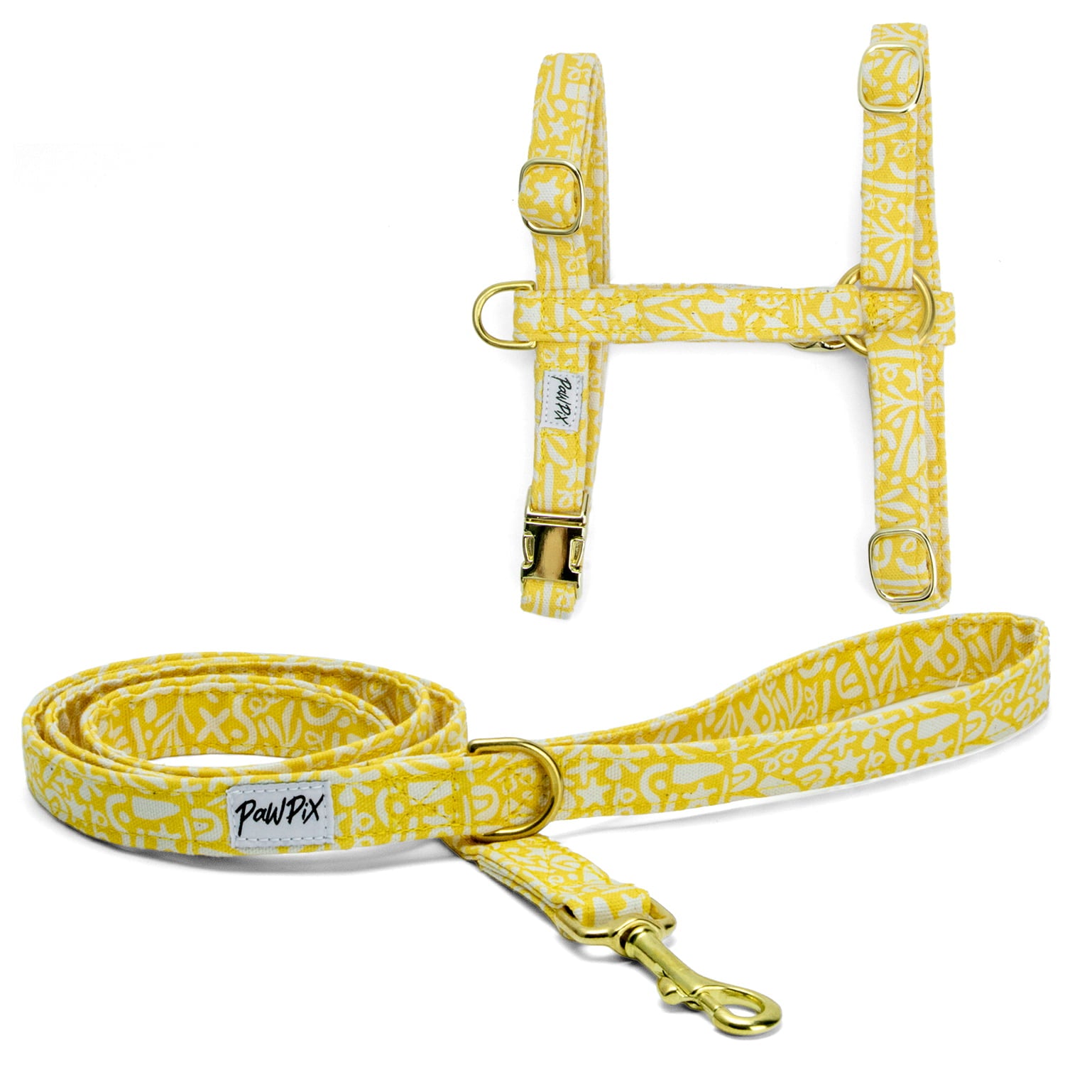 Le kit harnais chat Seaside avec son motif marin abstrait blanc sur fond jaune solaire, comprend un Harnais en H reglable et une laisse d'1m20 pour des sorties sécurisé