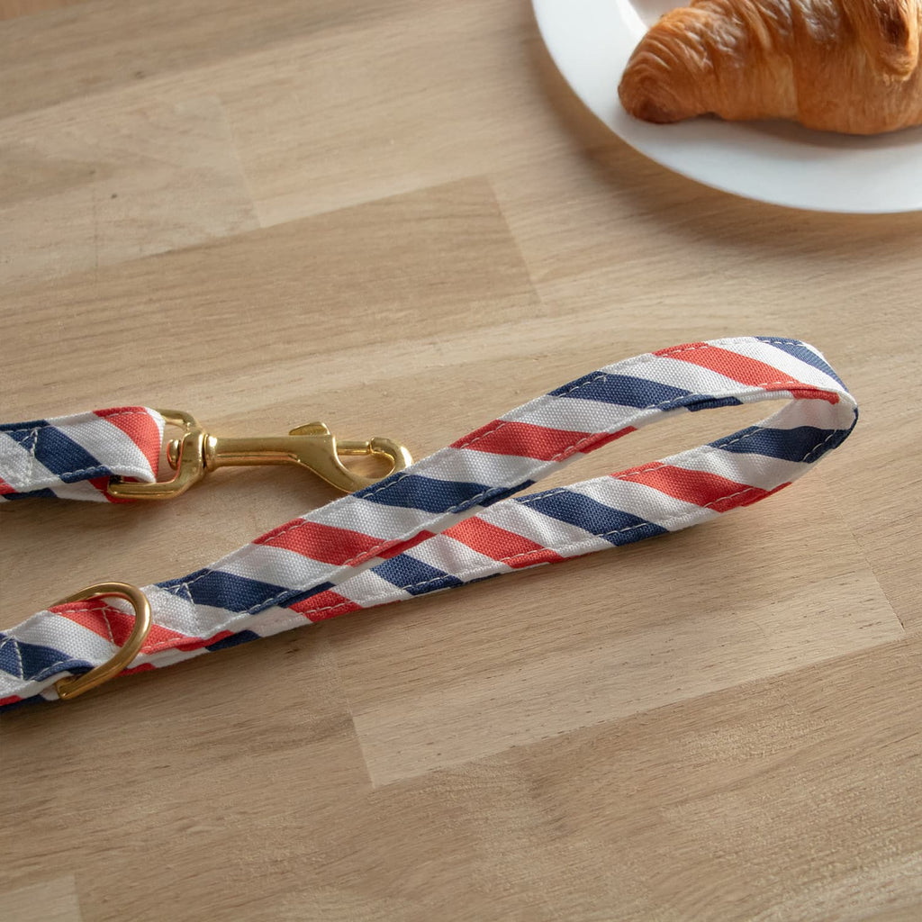 Extrémités de la laisse en tissu Pawtriote de Pawpix. Équipée d’un mousqueton et d’une anse confortable
Le motif du harnais reprend les rayures tricolores avec un rappel des couleurs de la France