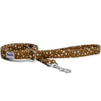 Laisse pour chien Freckles et son motif marron tacheté blanc. La laisse possède un mousqueton et anneau en D couleur argent