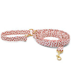 Laisse multiposition pour chien My Valentine de Pawpix et son motif cœurs rouges. La laisse à des boucles couleur or