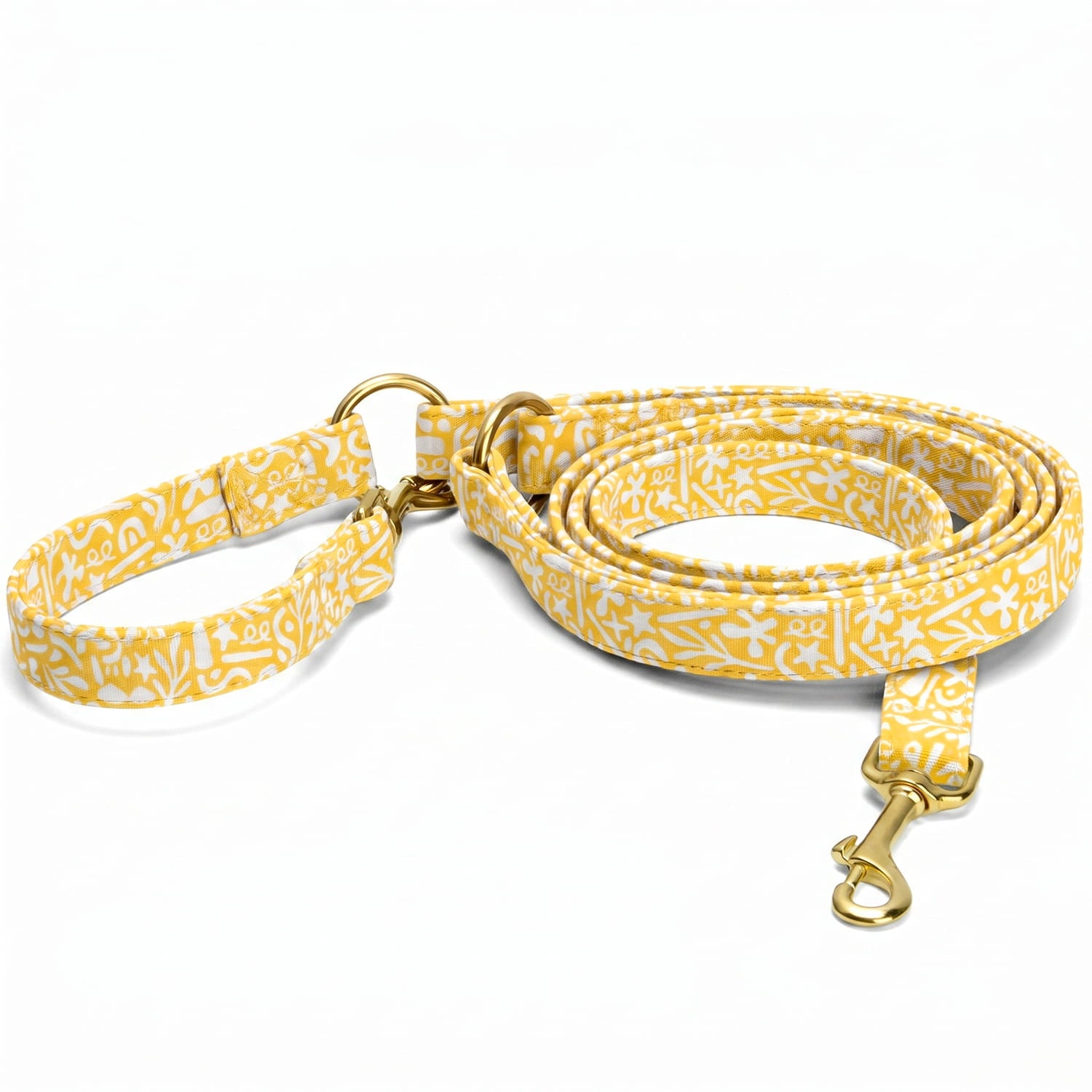 Vue d'ensemble de la laisse multipositions pour chien Seaside de Pawpix. Motif marin abstrait et estivale, et les boucles de la laisse sont couleur or