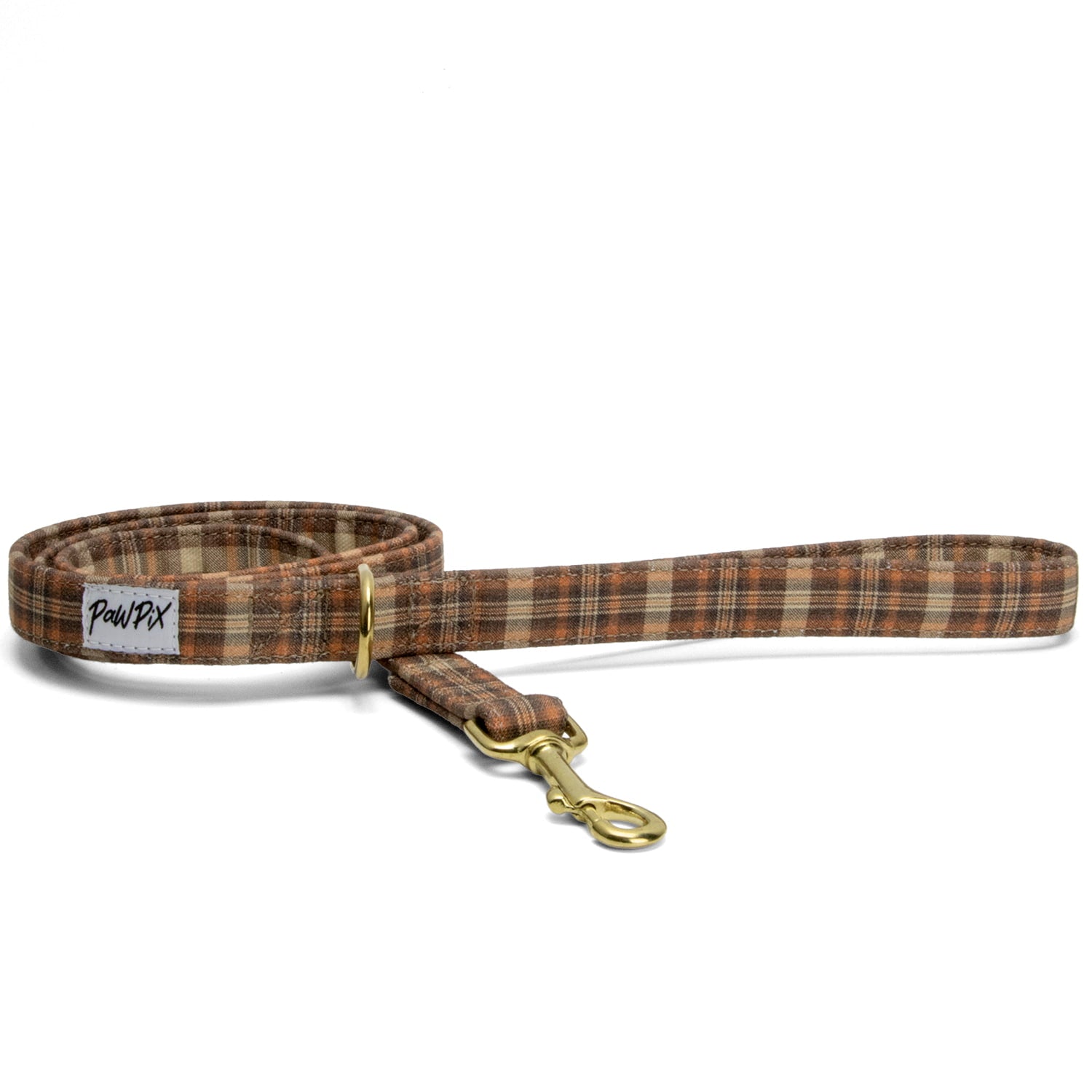 Laisse pour chien Scotty et son motif tartan marron/orange et ses boucles couleur or. 