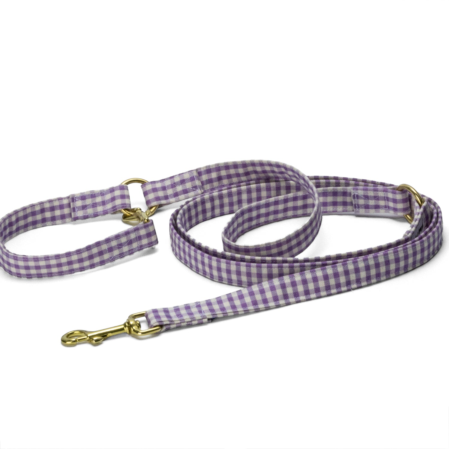 Laisse multiposition cigalou pour chien. Possibilité de l'attacher de 4 façon différentes. Motif vichy violet clair